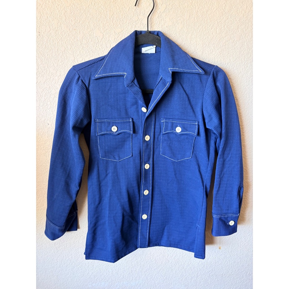 Vintage JCPenney Kids Blue Textured Button Down Shirt Disco Collar Retro‎ Size L
